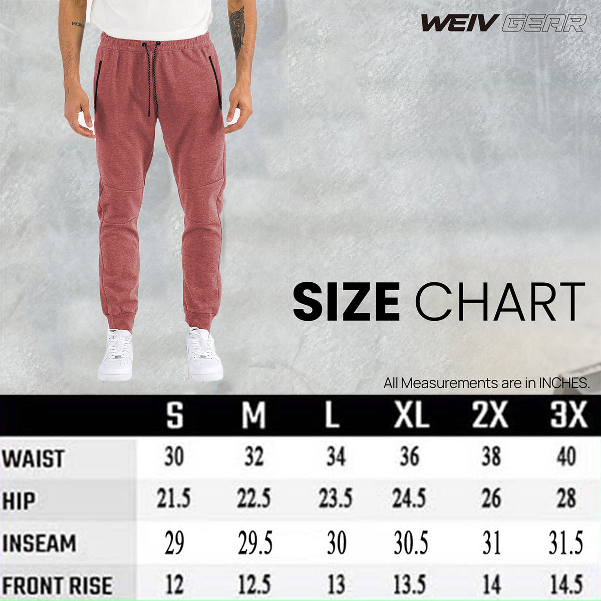 Person wearing maroon pants with a size chart and 'WEIV Gear' branding on a gray background.