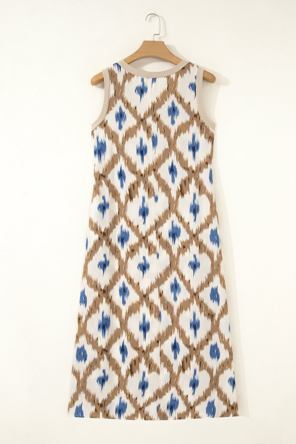 Bohemian Blue and Khaki Ikat Print Maxi Dress