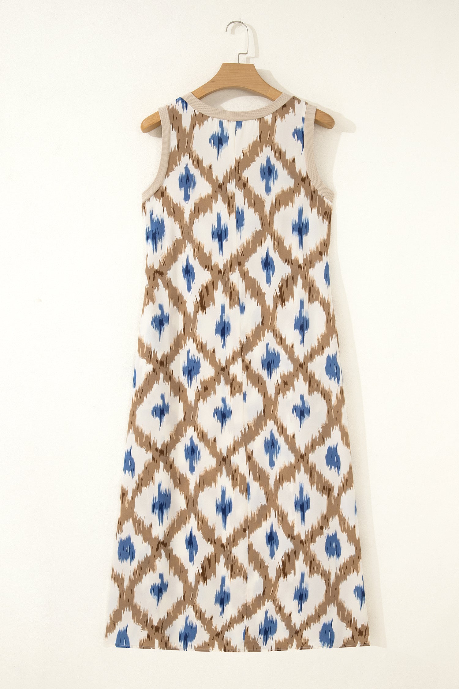 Bohemian Blue and Khaki Ikat Print Maxi Dress