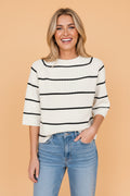 Stripe Ribbed Knit 3/4 Sleeve Sweater Tee
