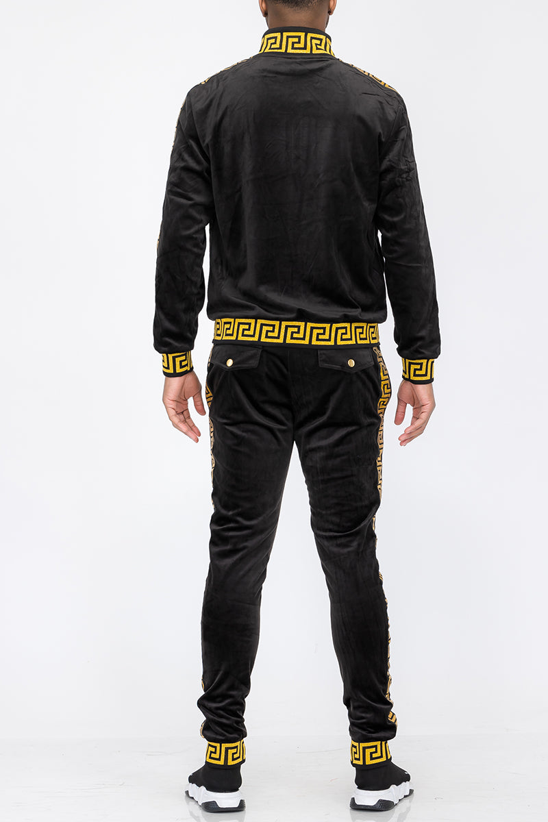 Black tracksuit with yellow patterns on a white background