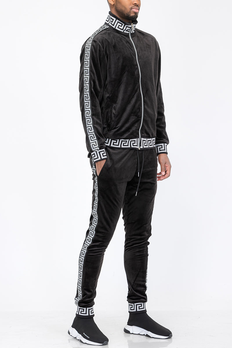 Black tracksuit with white pattern on a white background