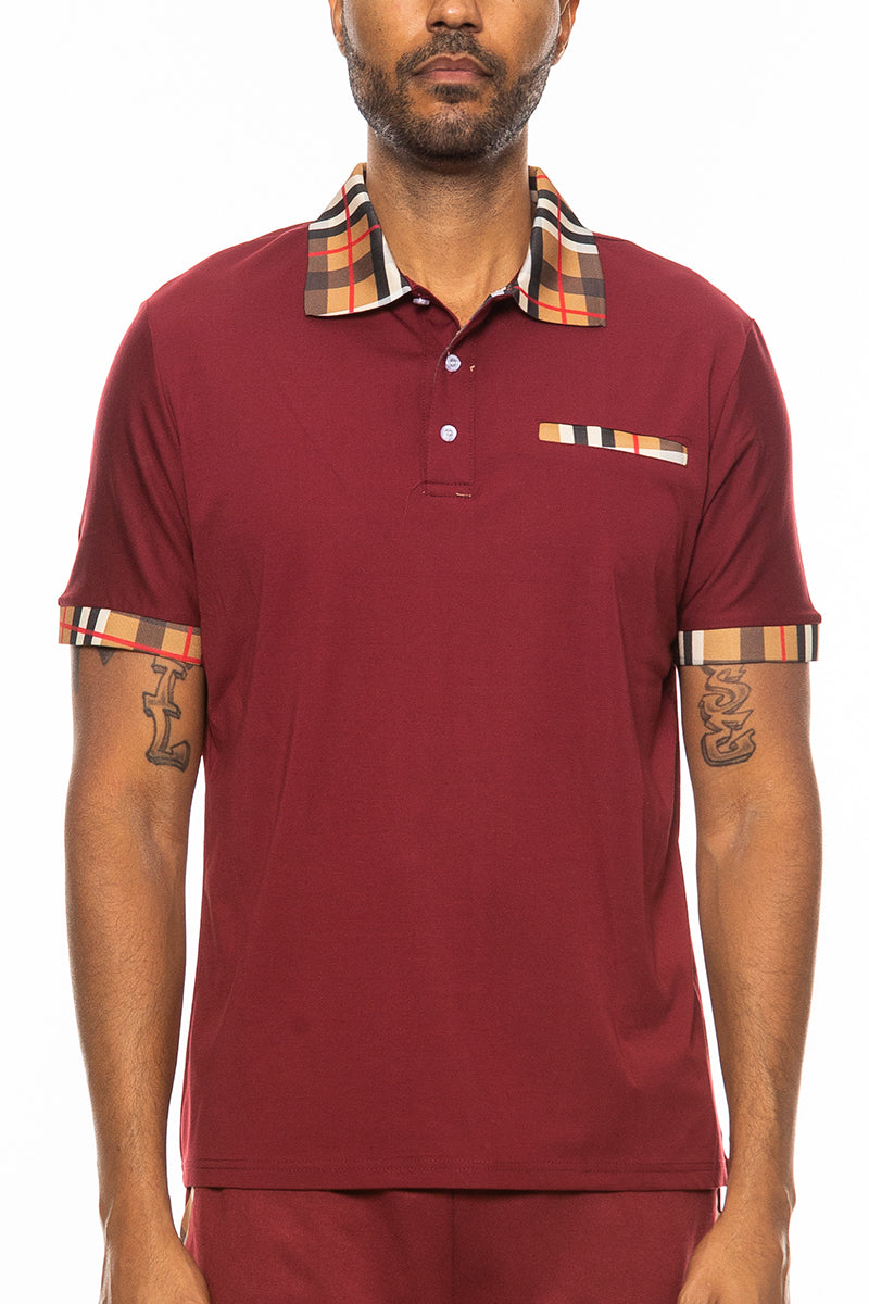 Men's Classic Cotton Polo Shirt Checkered Collar Short Sleeve Golf Top