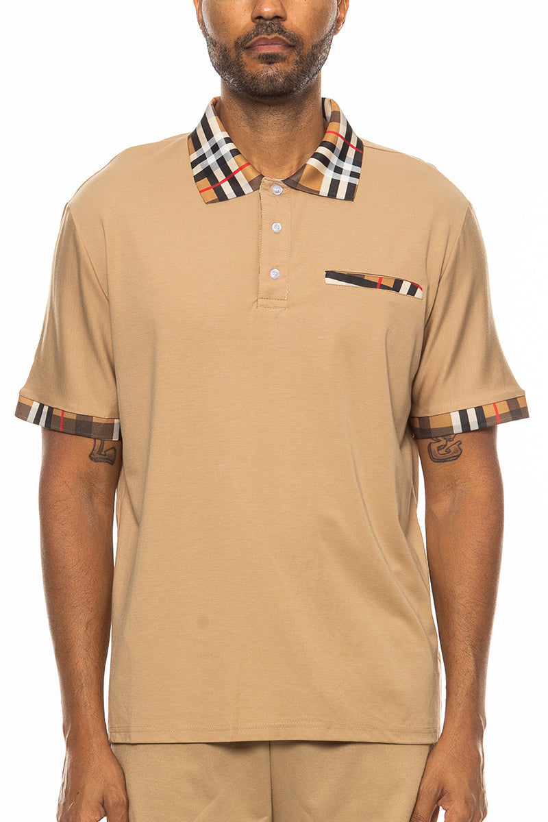 Men's Classic Cotton Polo Shirt Checkered Collar Short Sleeve Golf Top