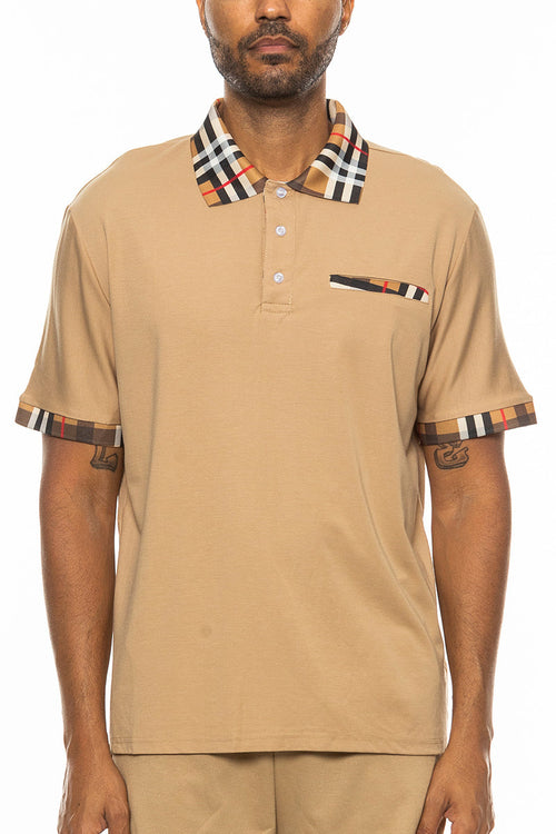 Men's Classic Cotton Polo Shirt Checkered Collar Short Sleeve Golf Top
