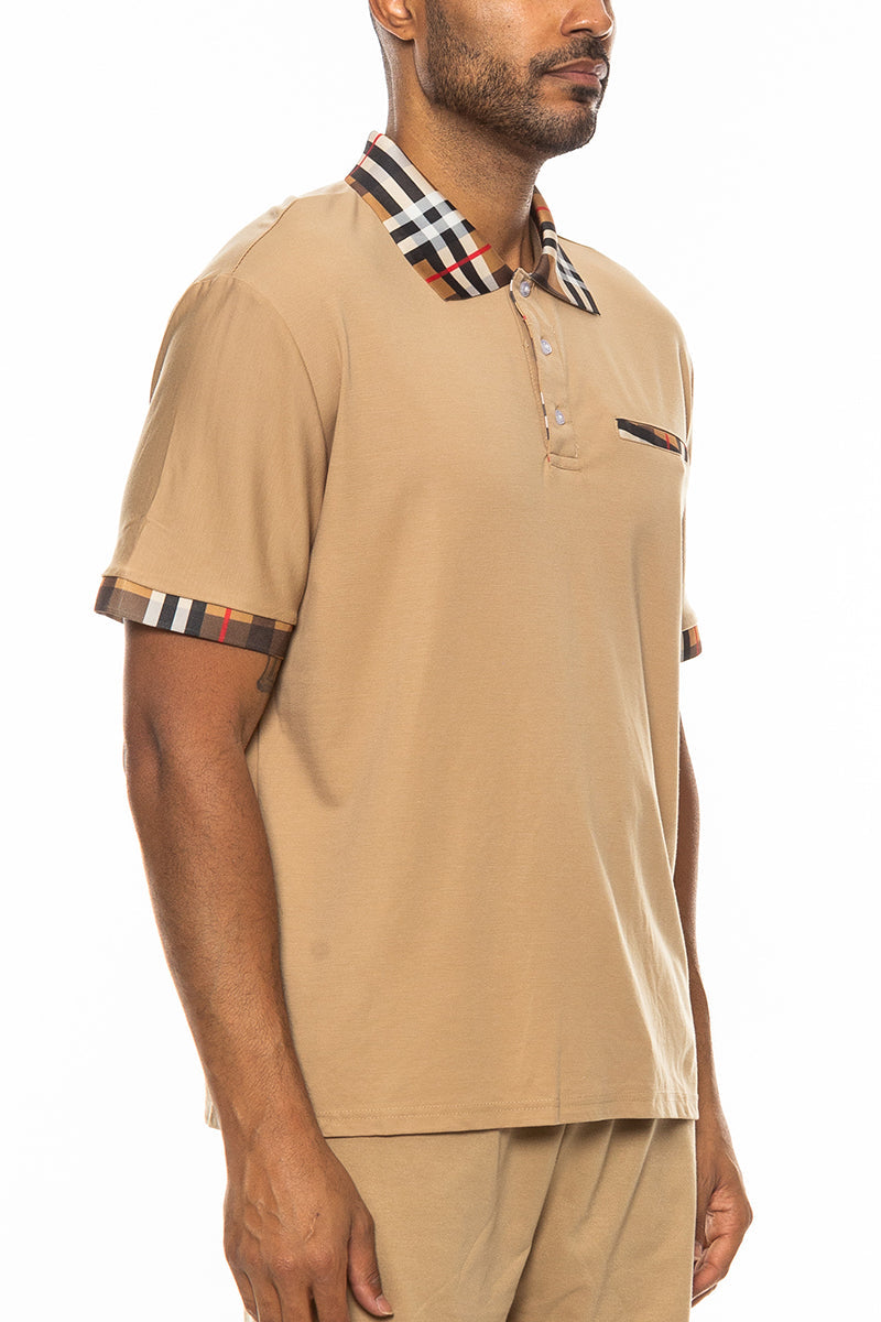 Men's Classic Cotton Polo Shirt Checkered Collar Short Sleeve Golf Top