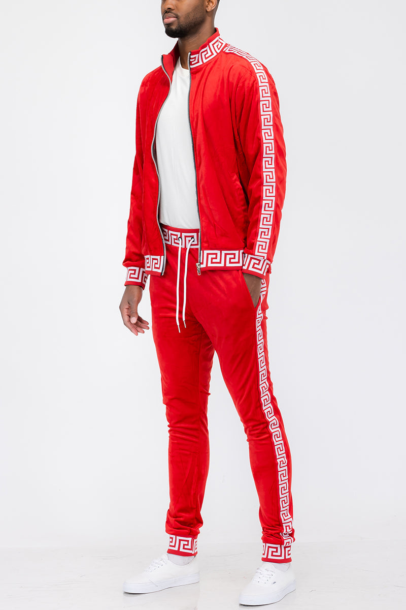 Red tracksuit with white accents on a white background