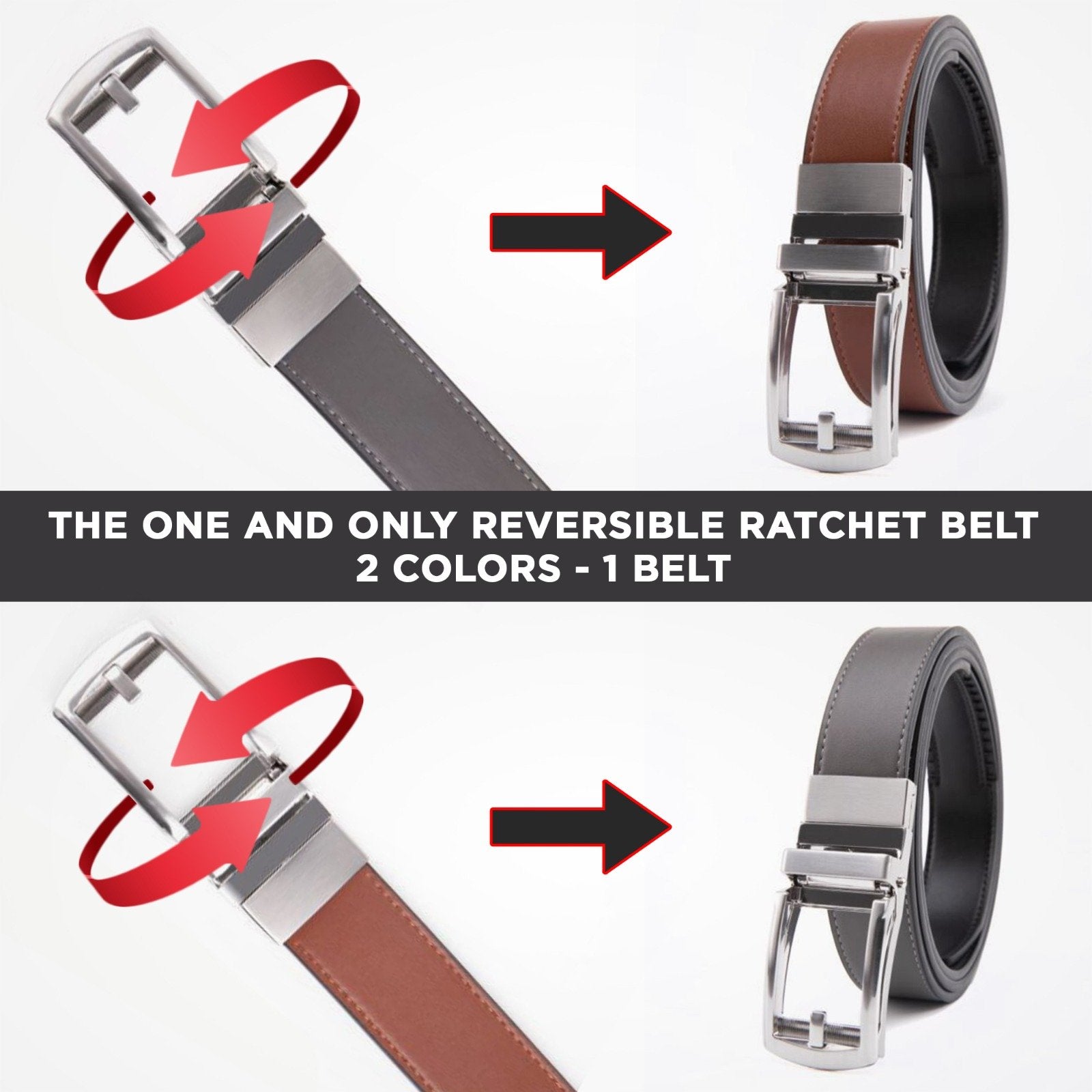 Mens leather belt reversible ratchet buckle premium fashion dress casual wear