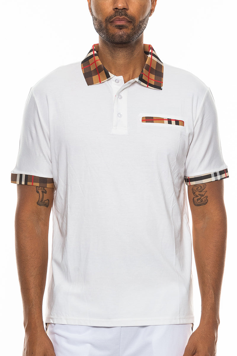 Men's Classic Cotton Polo Shirt Checkered Collar Short Sleeve Golf Top