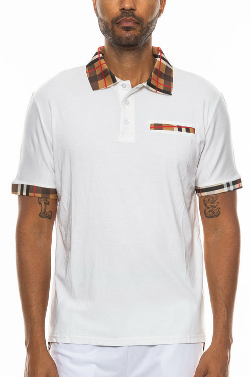 Men's Classic Cotton Polo Shirt Checkered Collar Short Sleeve Golf Top