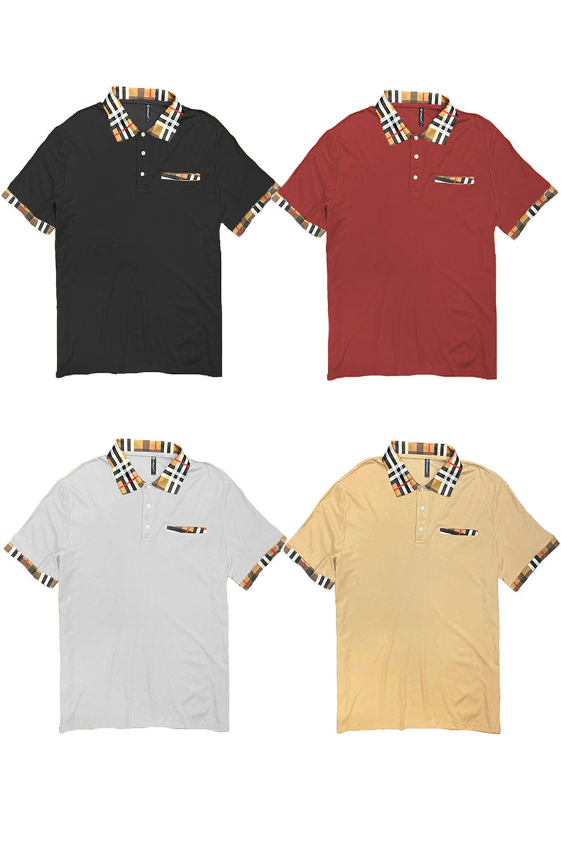 Men's Classic Cotton Polo Shirt Checkered Collar Short Sleeve Golf Top