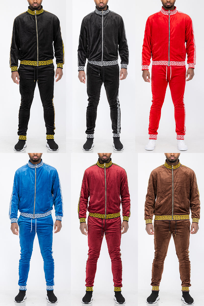 Collage of men wearing different colored tracksuits with decorative trim on a white background.