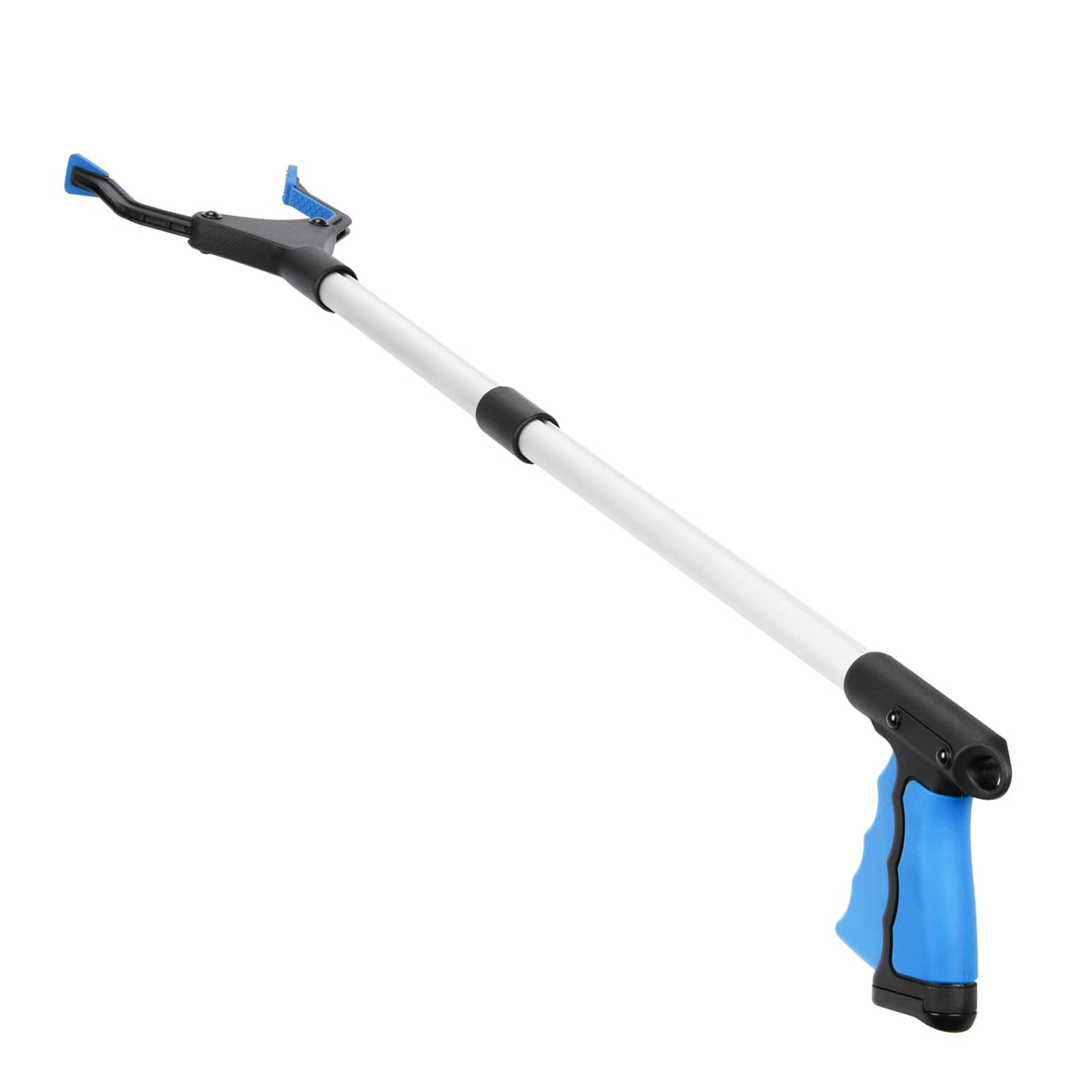 Telescopic pole with blue and black handles on a white background