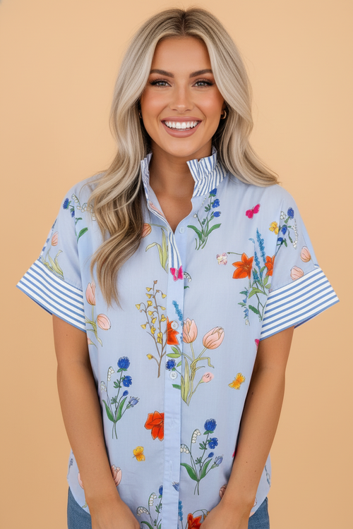 Mixed Print Floral Striped Short Sleeve Button Down