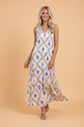 Bohemian Blue and Khaki Ikat Print Maxi Dress
