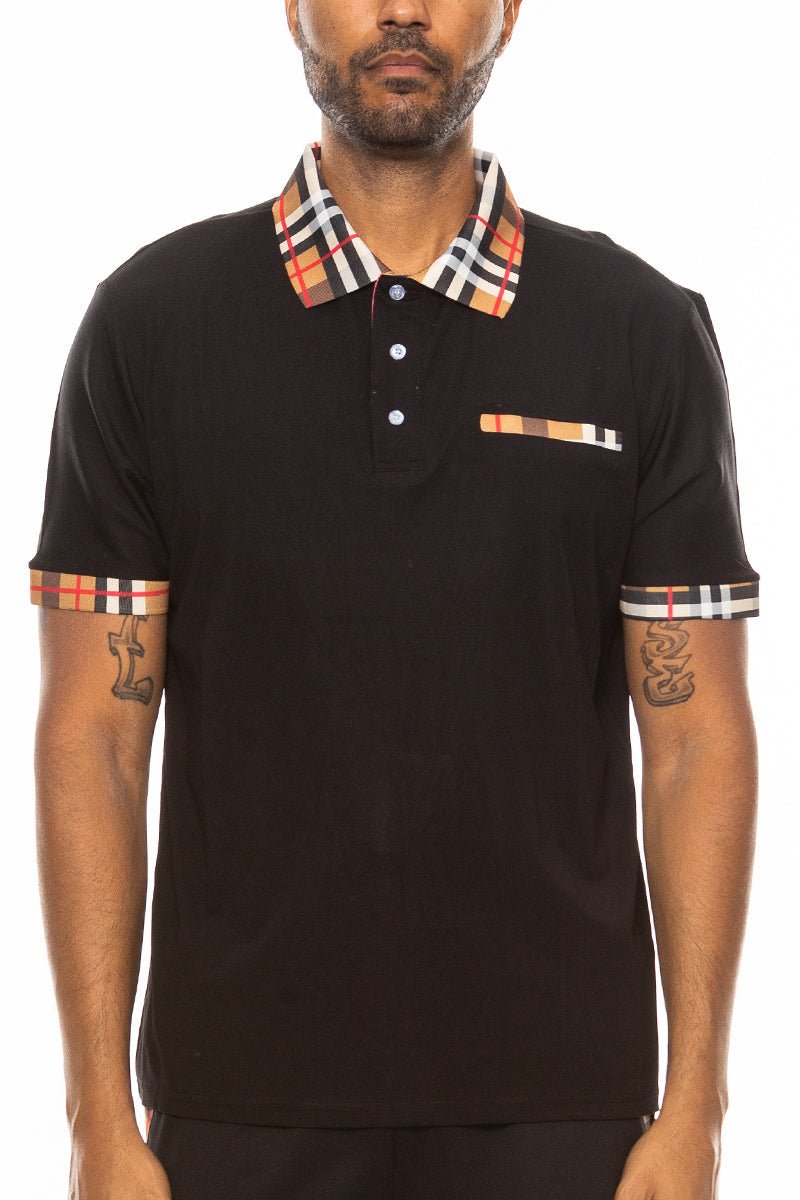 Men's Classic Cotton Polo Shirt Checkered Collar Short Sleeve Golf Top