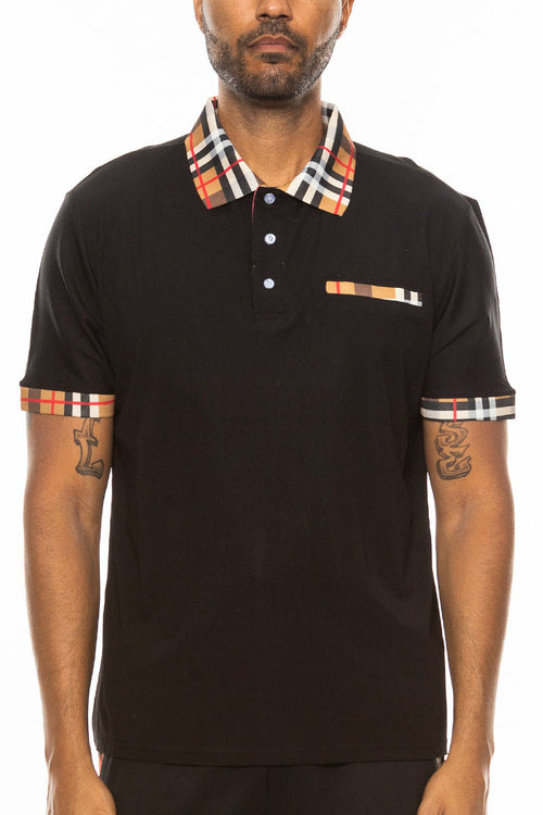 Men's Classic Cotton Polo Shirt Checkered Collar Short Sleeve Golf Top