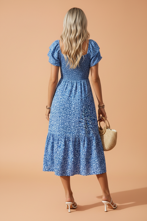 Floral Smocked Square Neck Ruffle Sleeve Dress