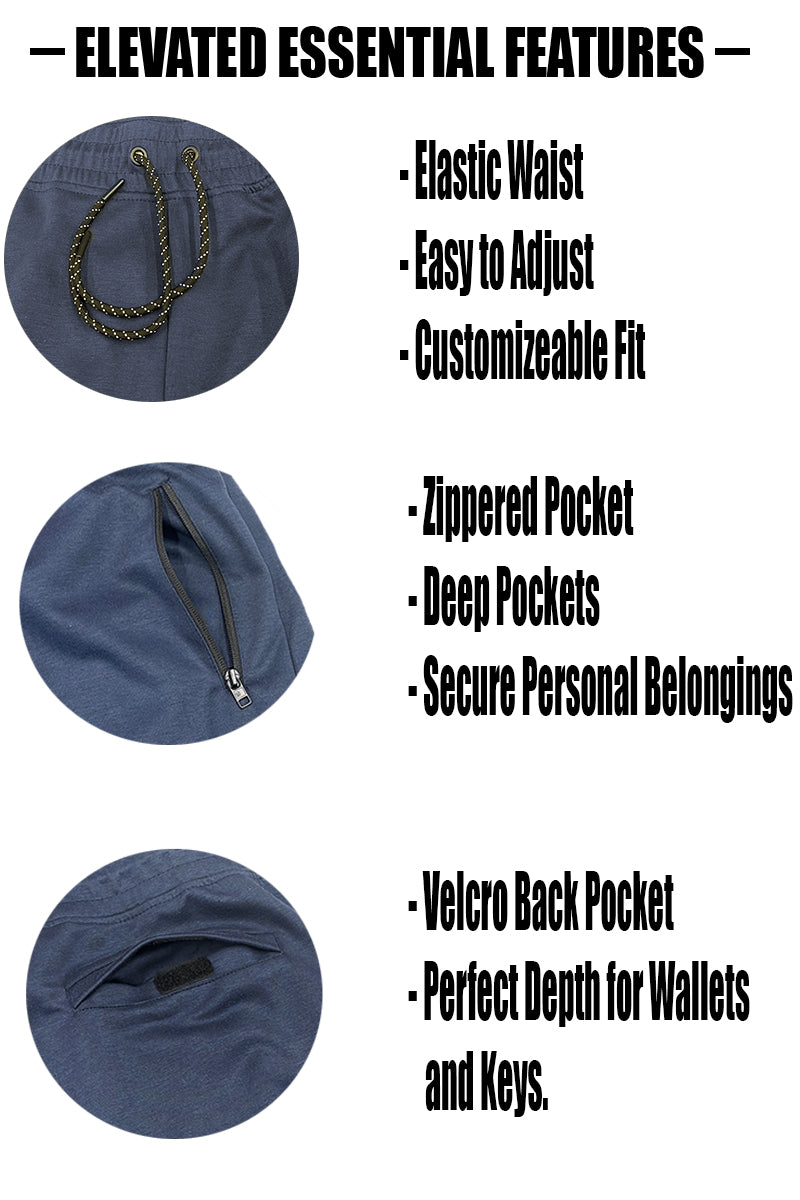 Blue bag with zipped and velcro pockets, featuring text on elevated essential features.