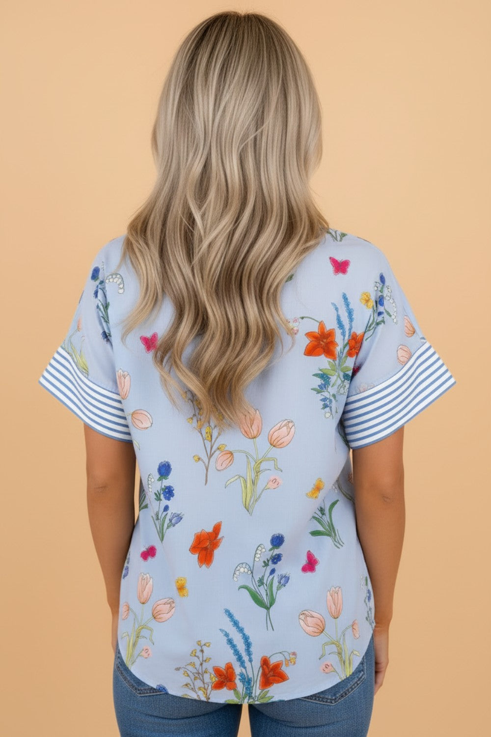 Mixed Print Floral Striped Short Sleeve Button Down
