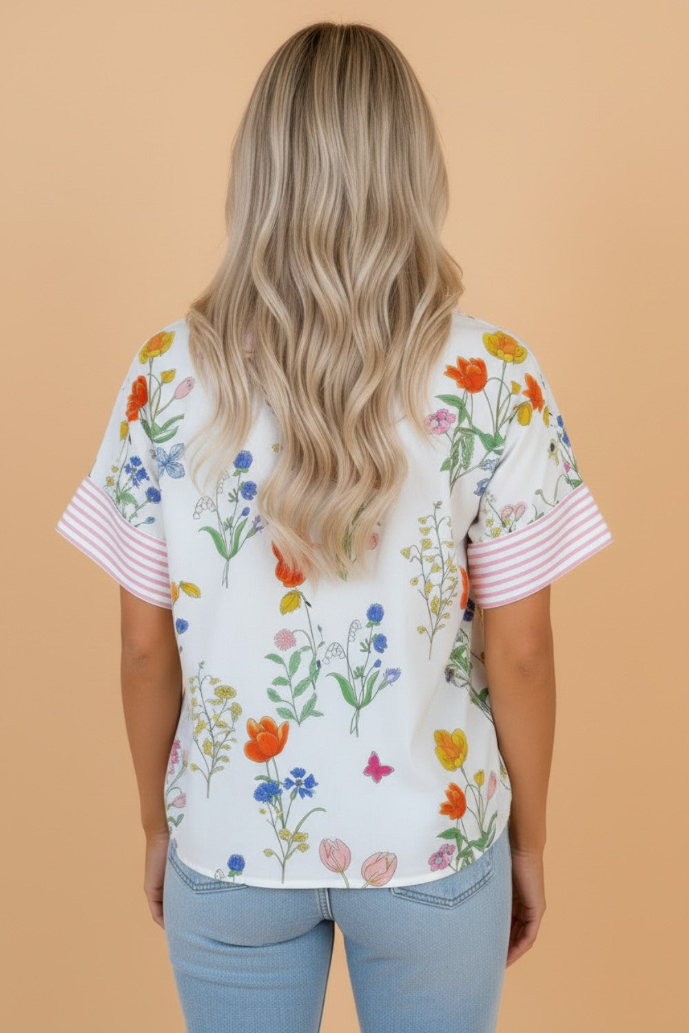 Mixed Print Floral Striped Short Sleeve Button Down