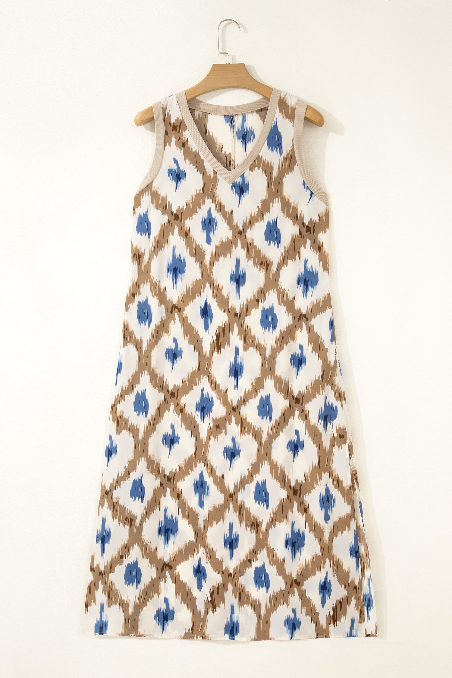 Bohemian Blue and Khaki Ikat Print Maxi Dress