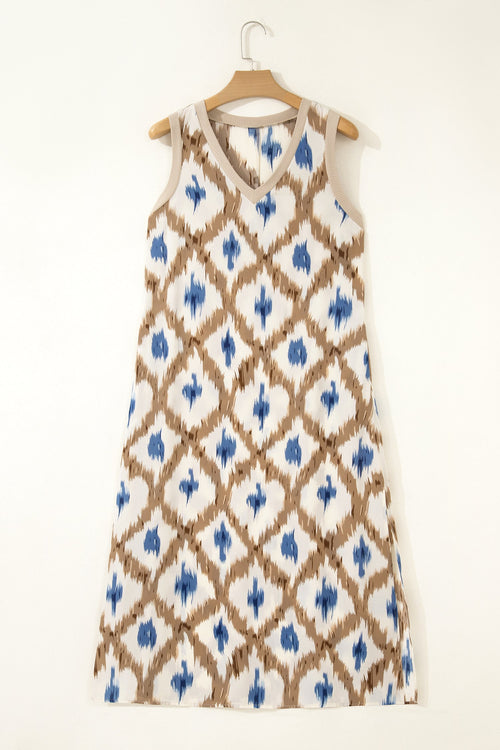 Bohemian Blue and Khaki Ikat Print Maxi Dress