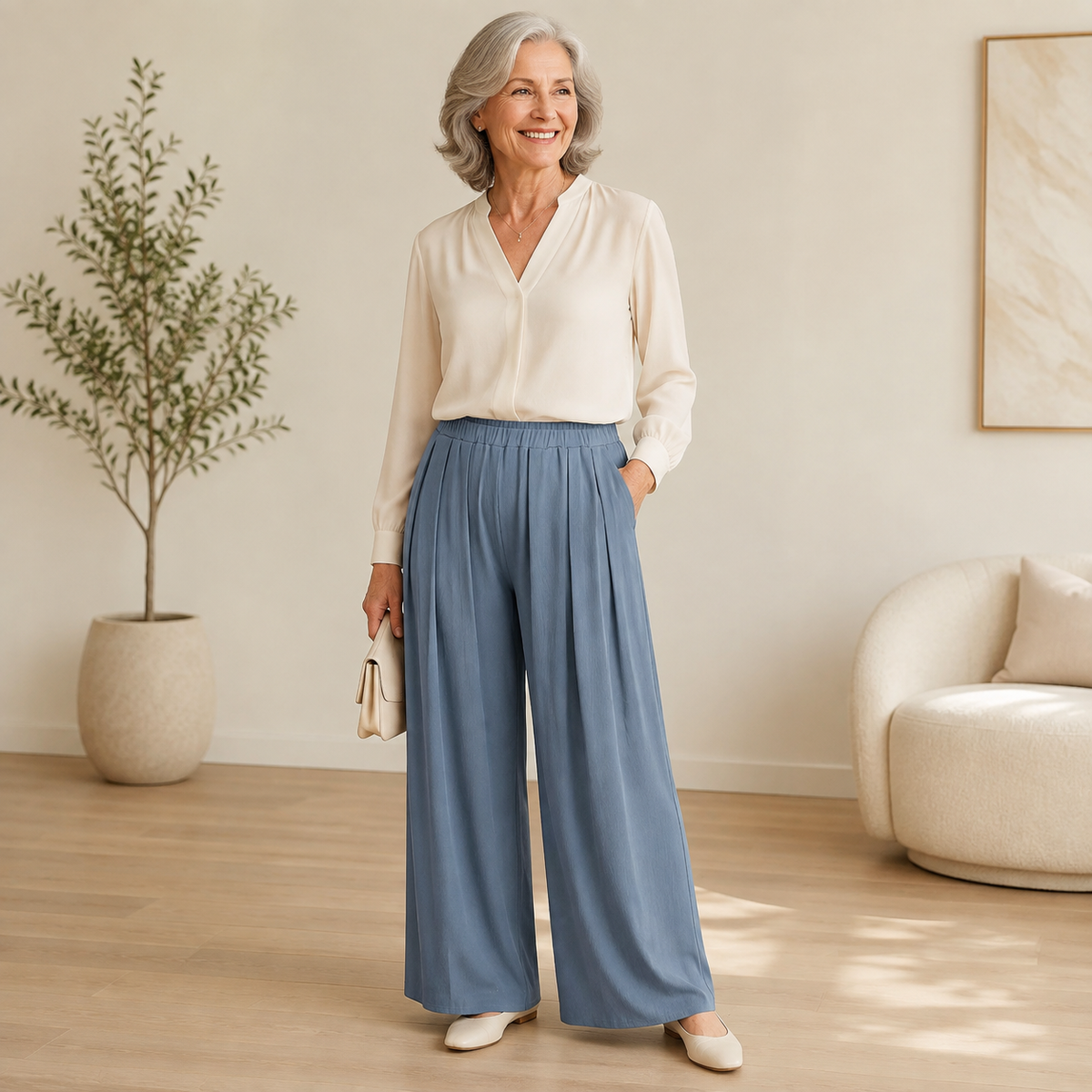 Women's Plus Size Palazzo Pants – Flowing Wide Leg Elastic Waist Trousers with Pockets