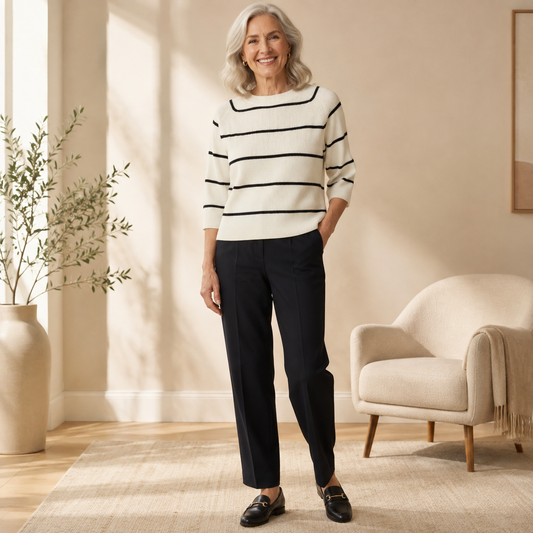 Women's Stripe Ribbed Knit Sweater Tee – 3/4 Sleeve Casual Round Neck Top