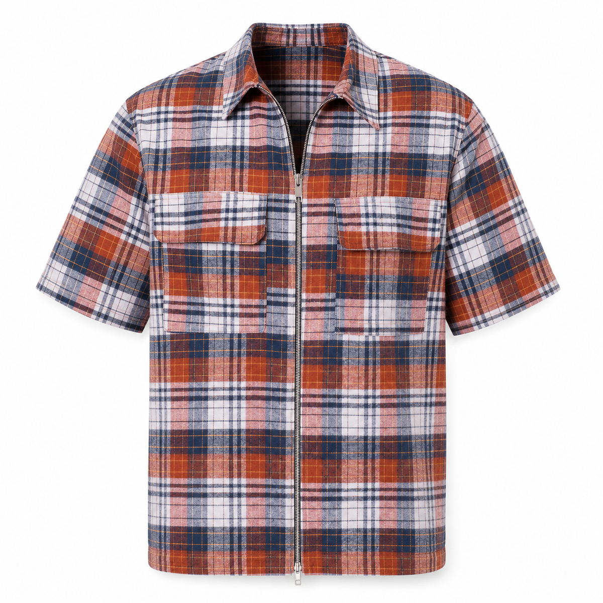 Men's Zip-Up Flannel Short Sleeve Shirt – Soft Cotton Blend Casual Top