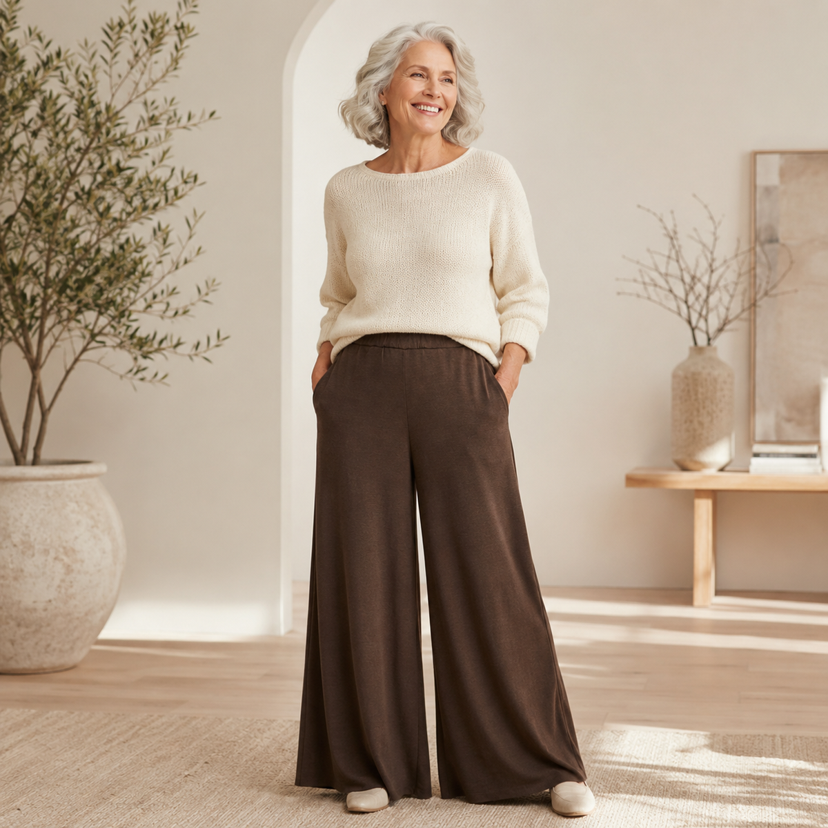 Women's Wide Leg Pants – Brown Elastic Waist Casual Trousers in Rayon Blend