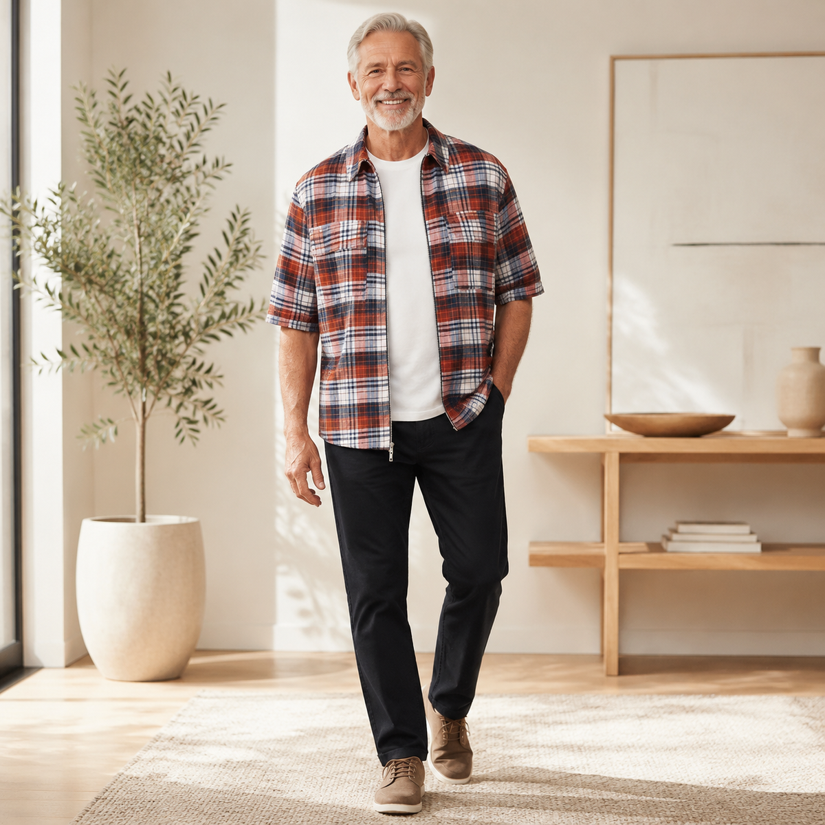 Men's Zip-Up Flannel Short Sleeve Shirt – Soft Cotton Blend Casual Top